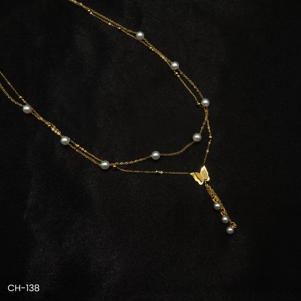 CH-138 - Chic Layered Necklace with Butterfly and Pearls for a Feminine Touch