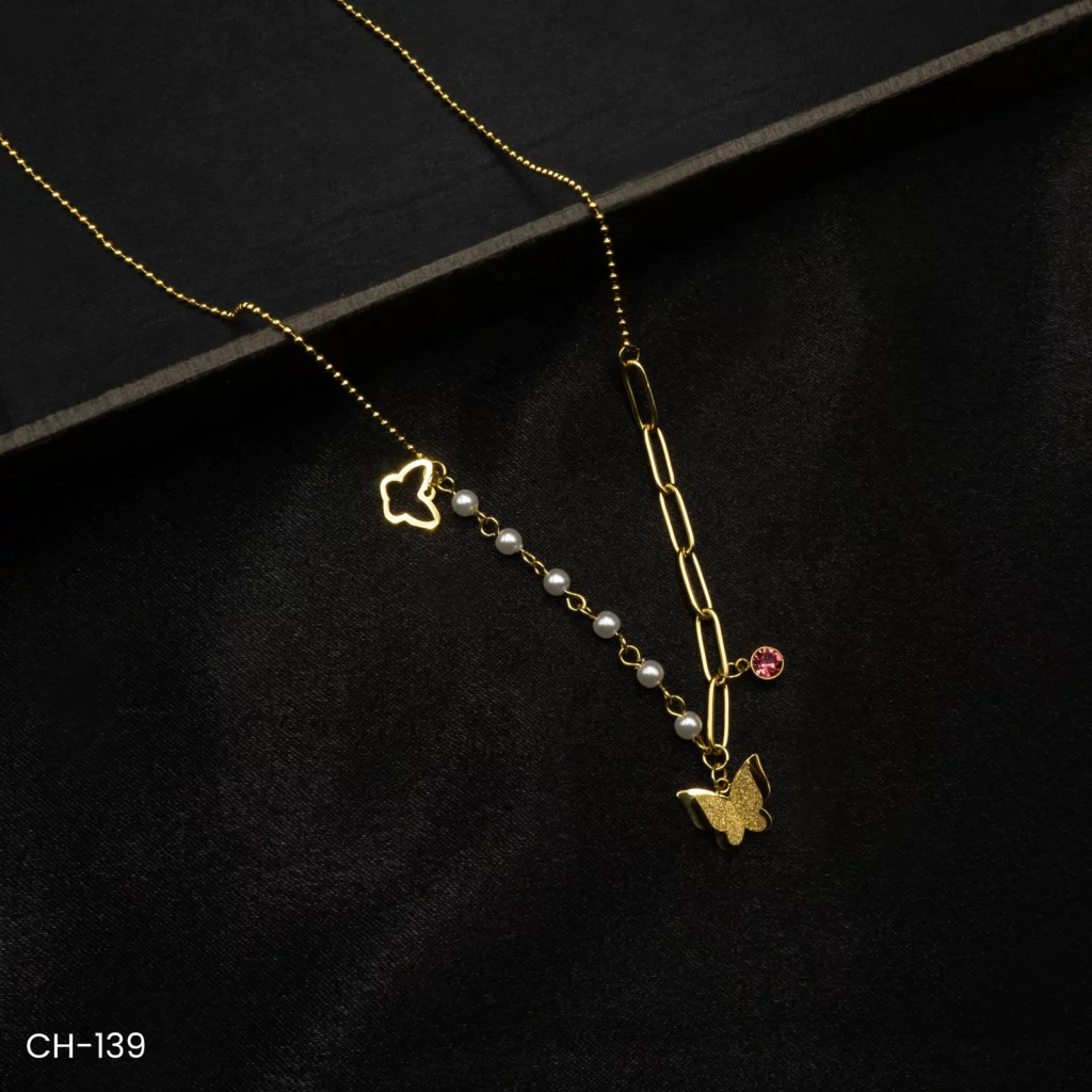 CH-139 - Whimsical Butterfly Necklace with a Touch of Pearl and Gemstone