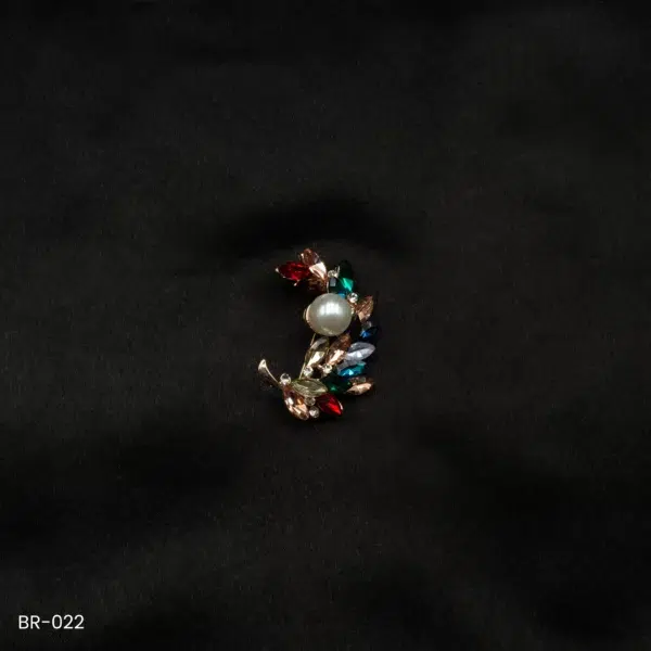 BR-022 - Radiant Pearl and Crystal Leaf Multicolor Saree Pin Fashion Brooch