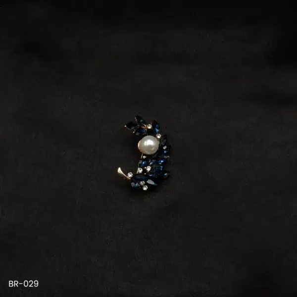 BR-029 - Radiant Pearl and Crystal Leaf Blue Saree Pin Fashion Brooch