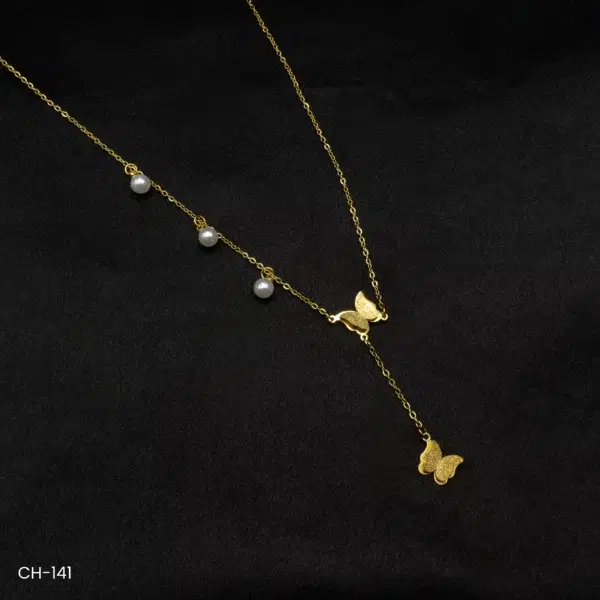 CH-141 - Charming Butterfly Elegance & Artificial Pearls Gold Plated Chain Necklace