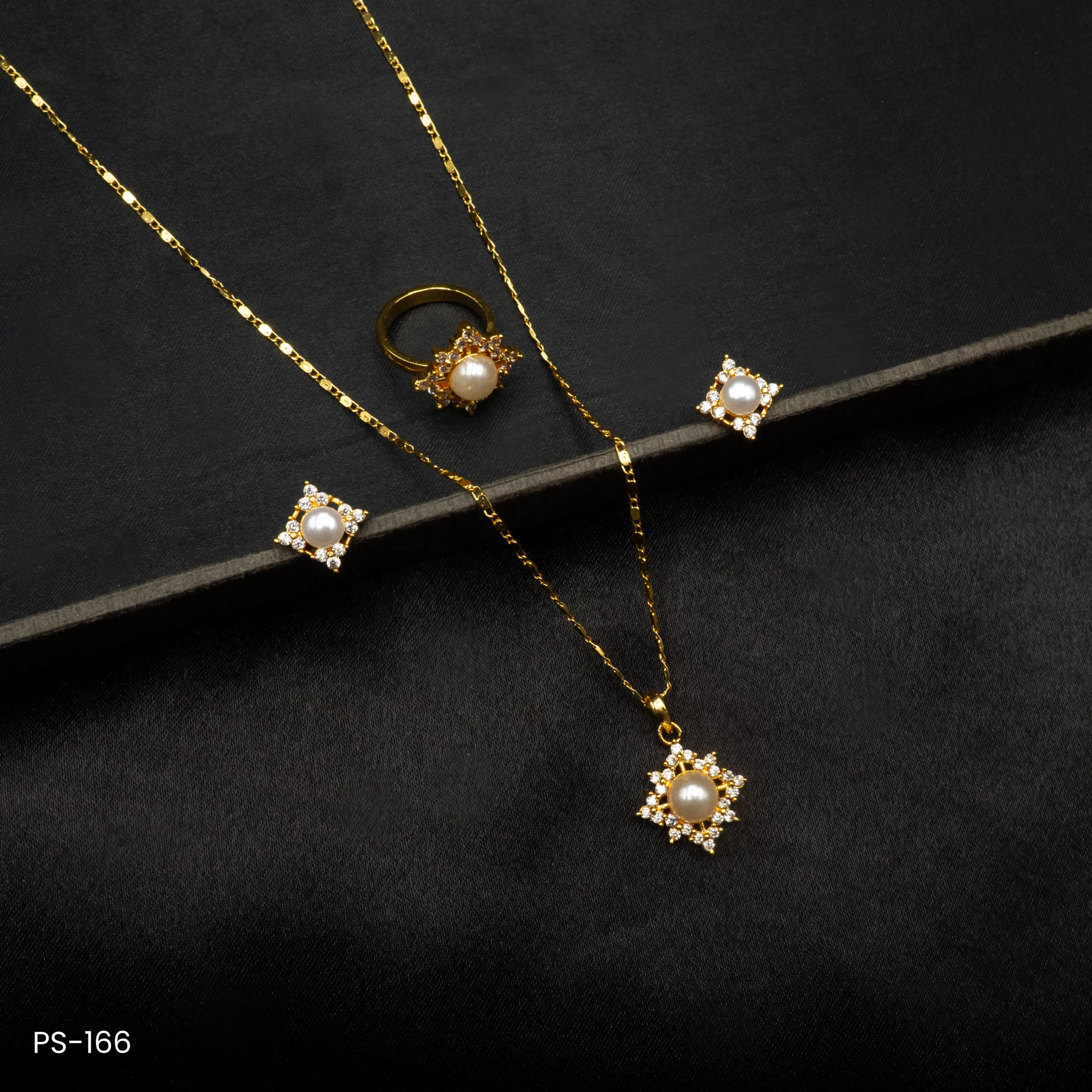 PS-166 - Classic American Diamond Pearl Pendant Earring & Ring Set PS-166 - Classic American Diamond Pearl Pendant Earring & Ring Set