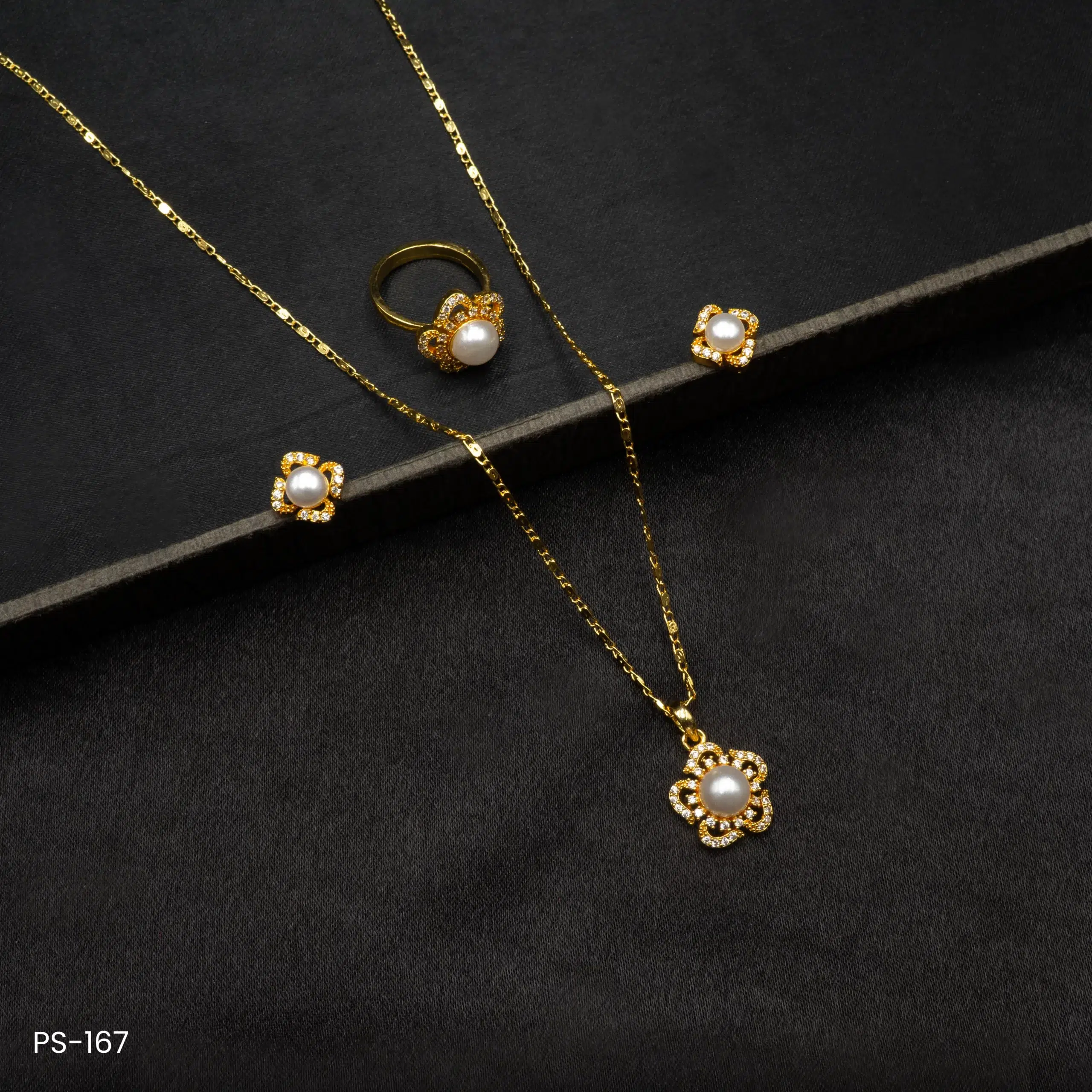 PS-167 - Classic American Diamond Floral Design Pearl Pendant Earring & Ring Set PS-167 - Classic American Diamond Floral Design Pearl Pendant Earring & Ring Set