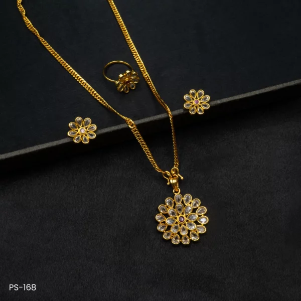 PS-168 - Ornate Petals Collection Gold Plated American Diamond Pendant Earring & Ring Set