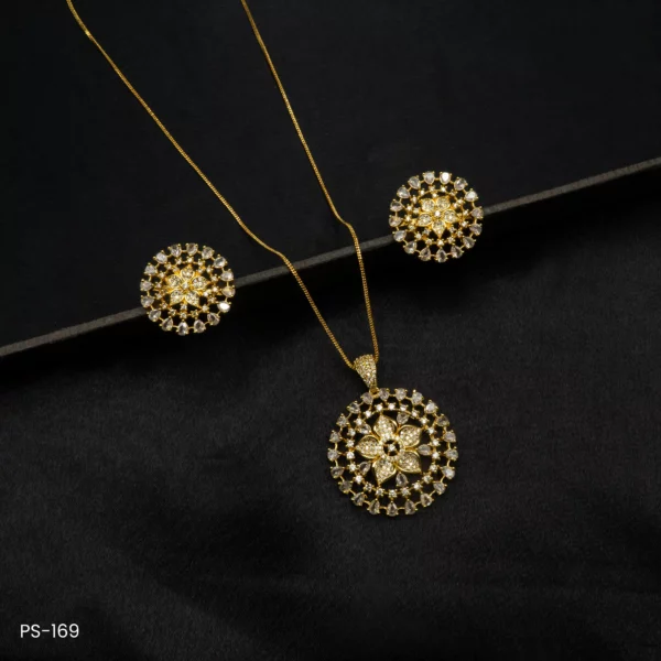 PS-169 - Gold Plated American Diamond Floral Pendant Necklace with Matching Earrings