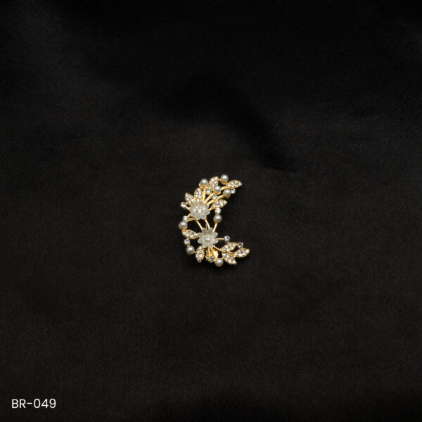 BR-049 - Moonlit Garden Crystal and Pearl Floral Crescent Brooch