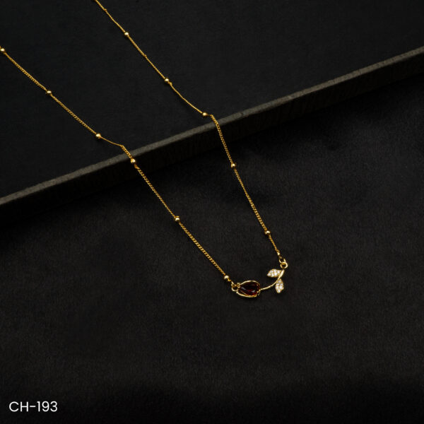 CH-193 - Graceful Sparkle Delicate Gold Plated Leaf and Ruby Drop Necklace