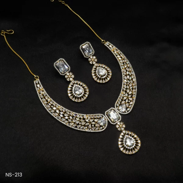 NS-213 - Elegant Party Wear Gold Plated Clear American Diamond Necklace Set
