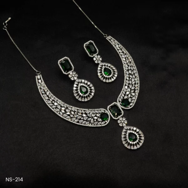 NS-214 - White Gold Plated Emerald Green American Diamond Party Jewelry Necklace Set