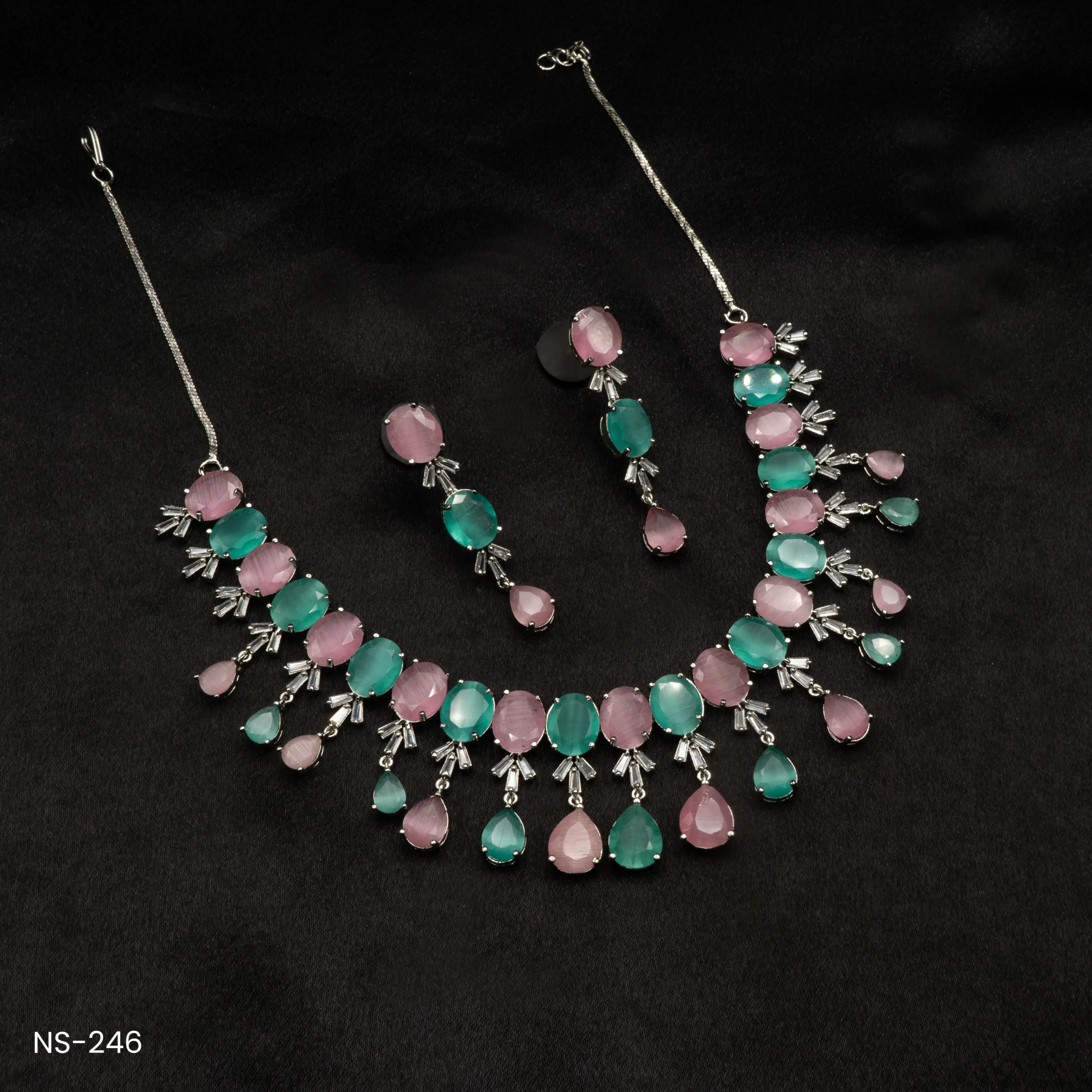 NS-246 - Chic Pink and Mint Stone Necklace Set – Statement Party Jewellery Set NS-246 - Chic Pink and Mint Stone Necklace Set – Statement Party Jewellery Set