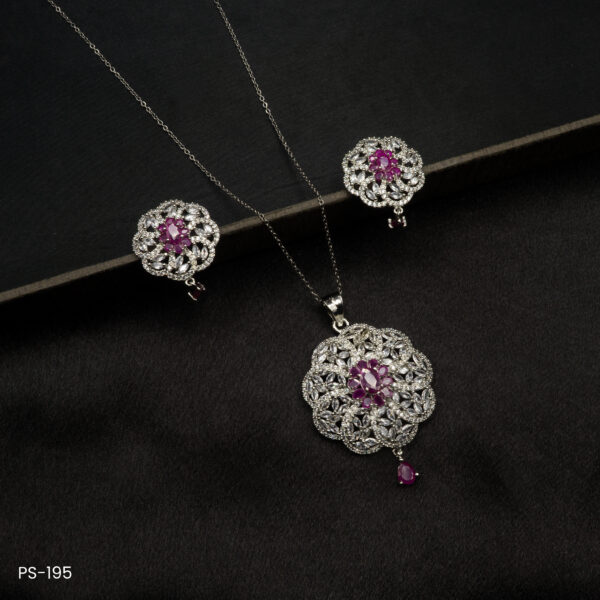 PS-195 - Elegant American Diamond & Ruby Accent White Gold Plated Pendant Set