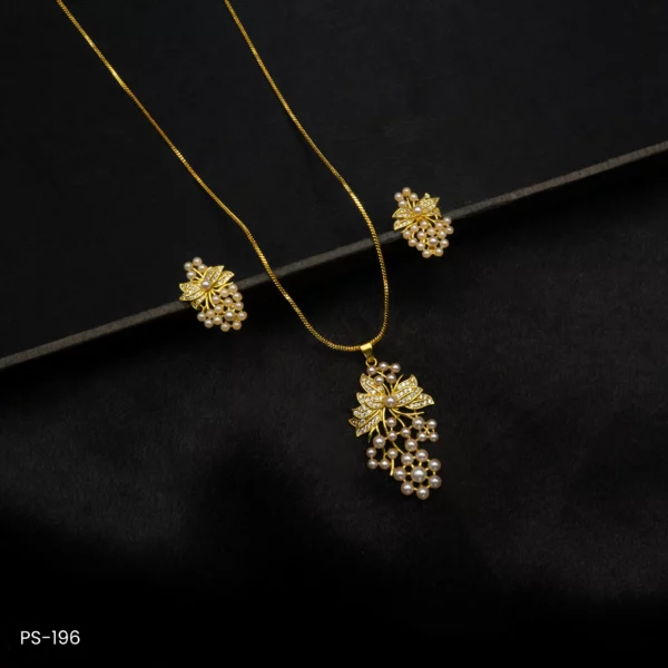 PS-196 - Elegant American Diamond & Pearl Drop Pendant & Earrings Set