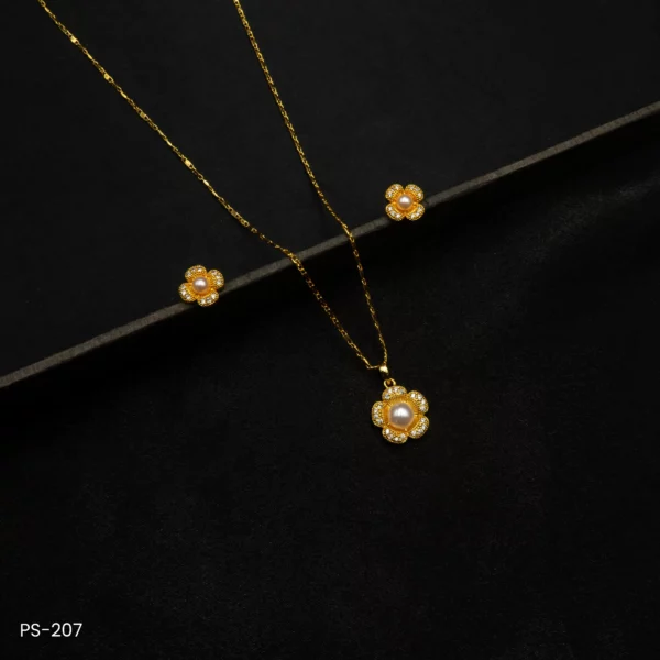 PS-207 - Dainty Flower Design Pendant Set – Gold Plated Grace with Pearl Accents