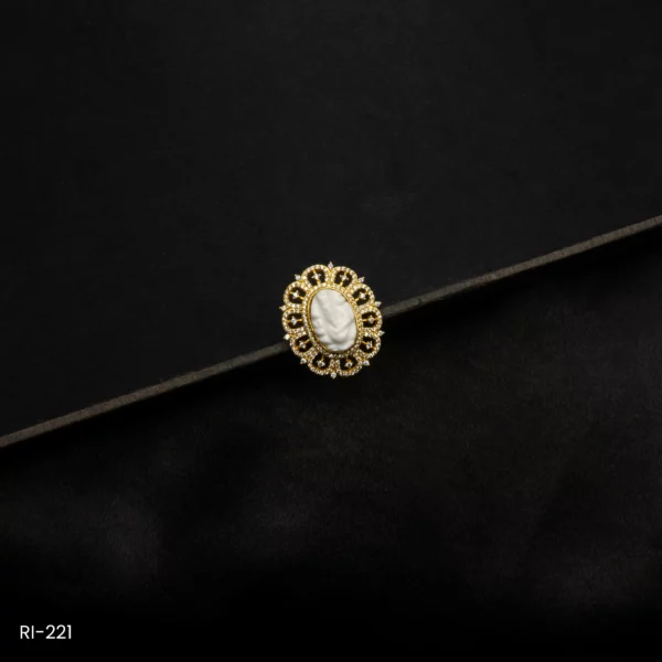 RI-221 - Gold Plated American Diamond & White Muga Ganesh Adjustable Ring