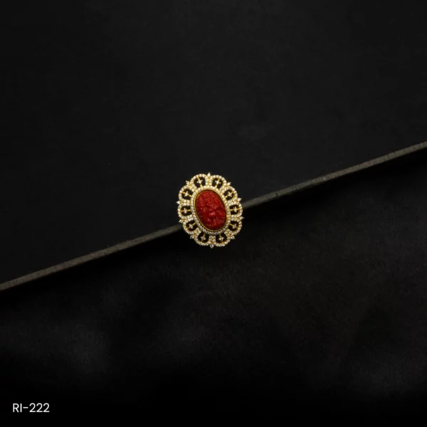 RI-222 - Gold Plated American Diamond & Red Muga Ganesh Adjustable Ring