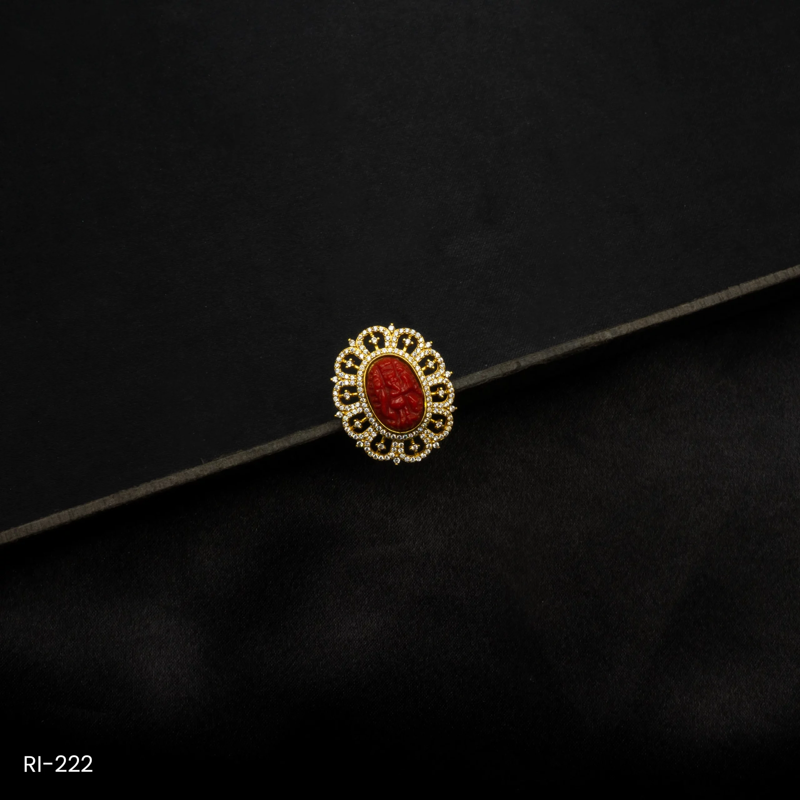 RI-222 - Gold Plated American Diamond & Red Muga Ganesh Adjustable Ring RI-222 - Gold Plated American Diamond & Red Muga Ganesh Adjustable Ring