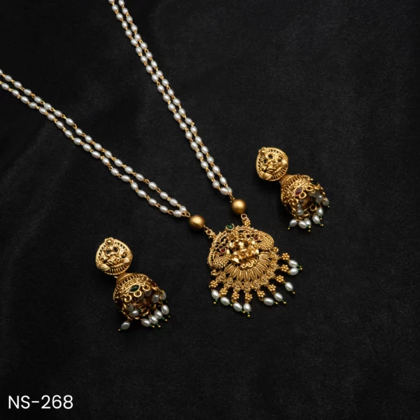 NS-268 - Traditional Temple Necklace Set with Pearl Beads in Gold Plating