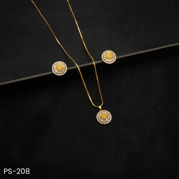 PS-208 - Elegant & Graceful Gold Plated American Diamond Sunburst Pendant & Earrings Set