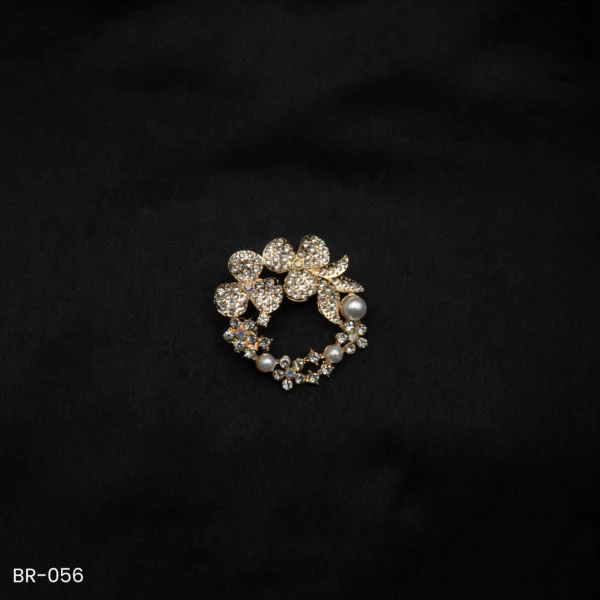BR-056 - Gold-Toned Floral Circle Pearl Fashion Brooch for Festive Wear