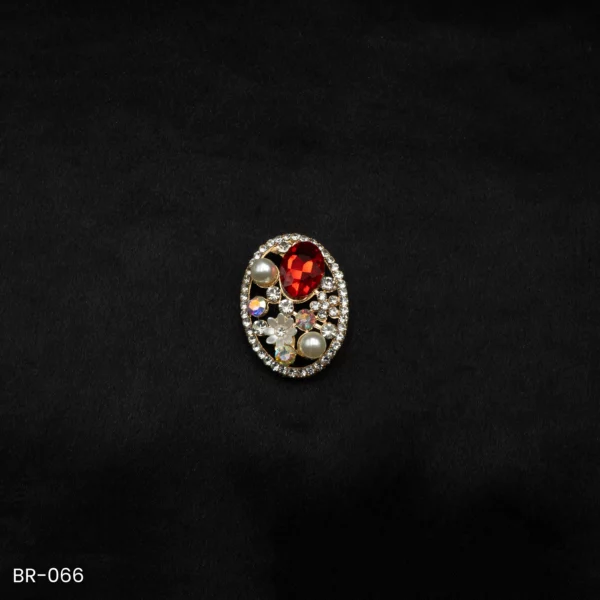 BR-066 - Saree Glam Floral Elegance Red Crystal Vintage Oval Fashion Brooch with Pearls & Zircons