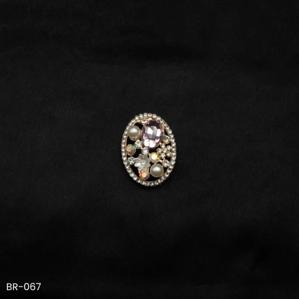 BR-067 - Saree Glam Floral Elegance Pink Crystal Vintage Oval Fashion Brooch with Pearls & Zircons
