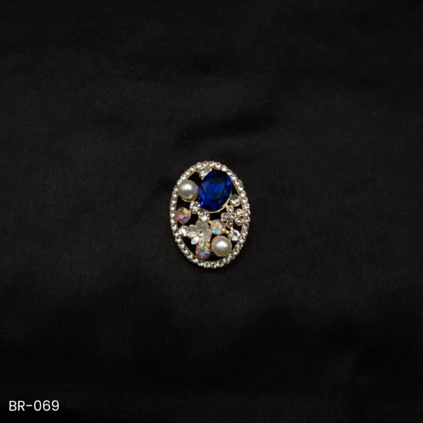 BR-069 - Saree Glam Floral Elegance Blue Crystal Vintage Oval Fashion Brooch with Pearls & Zircons