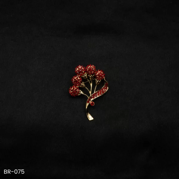 BR-075 - Elegant Tree of Life Brooch – Golden Saree Pin with Red Crystals