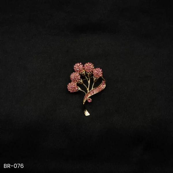 BR-076 - Elegant Tree of Life Brooch – Golden Saree Pin with Pink Crystals