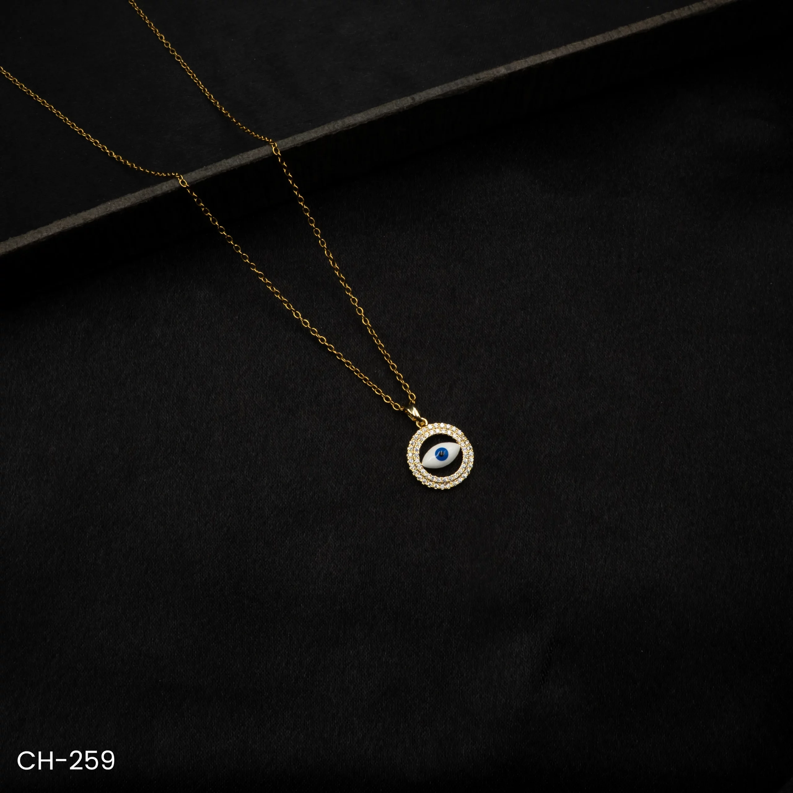 CH-259 - Stylish and Protective Gold Plated Evil Eye Pendant Chain Necklace with Sparkling American Diamonds CH-259 - Stylish and Protective Gold Plated Evil Eye Pendant Chain Necklace with Sparkling American Diamonds