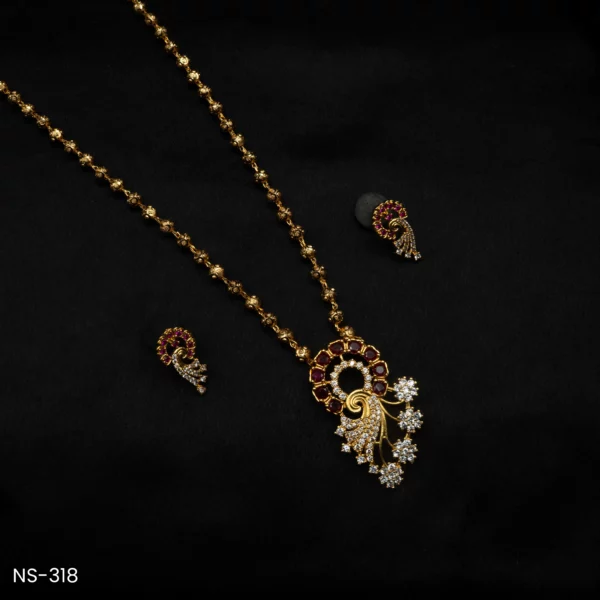 NS-318 - Party Wear Gold Finish Festive Designer Peacock American Diamond & Ruby Necklace Set