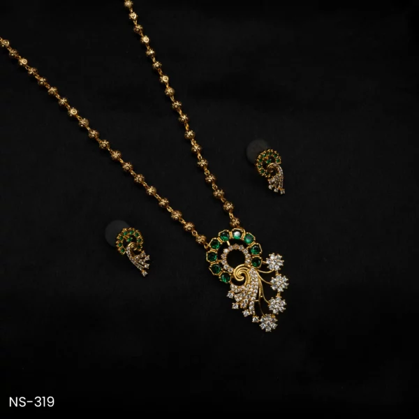 NS-319 - Party Wear Gold Finish Festive Designer Peacock American Diamond & Emerald Necklace Set