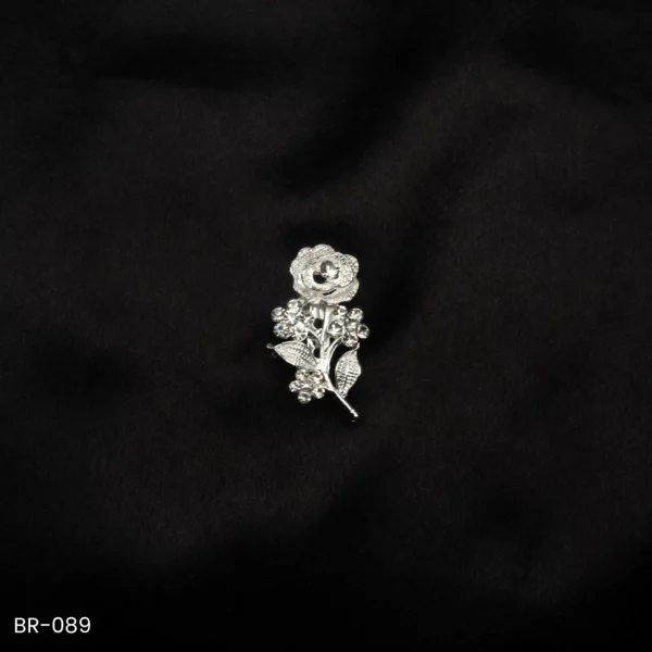 BR-089 - Elegant Rose Flower Brooch Silver Finish Vintage Look Saree Pin