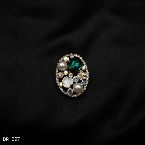 BR-097 - Saree Glam Floral Elegance Green Crystal Vintage Oval Fashion Brooch with Pearls