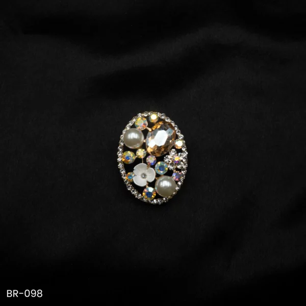 BR-098 - Saree Glam Floral Elegance Orange Crystal Vintage Oval Fashion Brooch with Pearls
