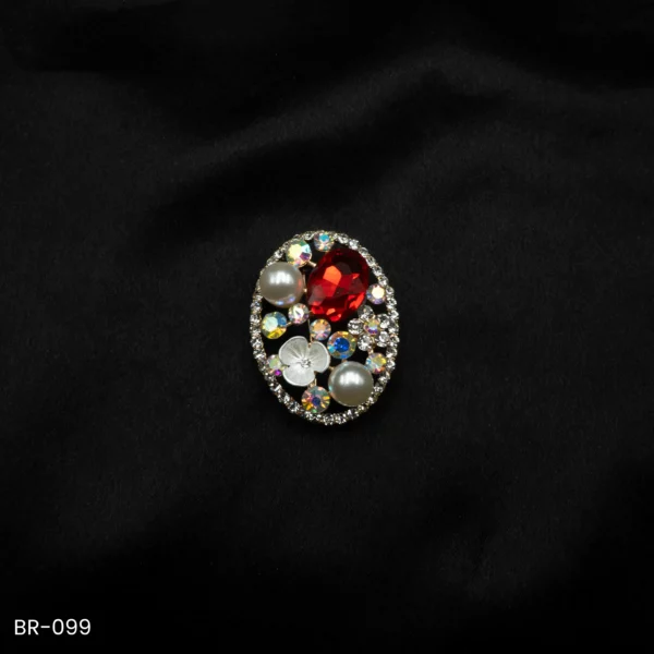 BR-099 - Saree Glam Floral Elegance Red Crystal Vintage Oval Fashion Brooch with Pearls