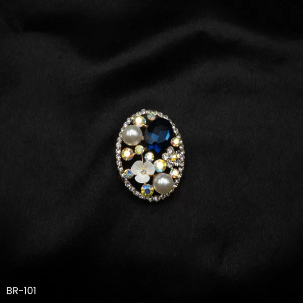BR-101- Saree Glam Floral Elegance Blue Crystal Vintage Oval Fashion Brooch with Pearls