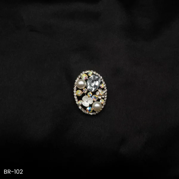 BR-102 - Saree Glam Floral Elegance White Crystal Vintage Oval Fashion Brooch with Pearls