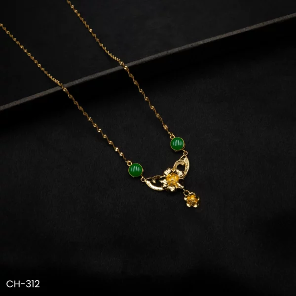 CH-312 - Elegant & Affordable Green Accent Petal Curve Necklace with Mini Flower Drop