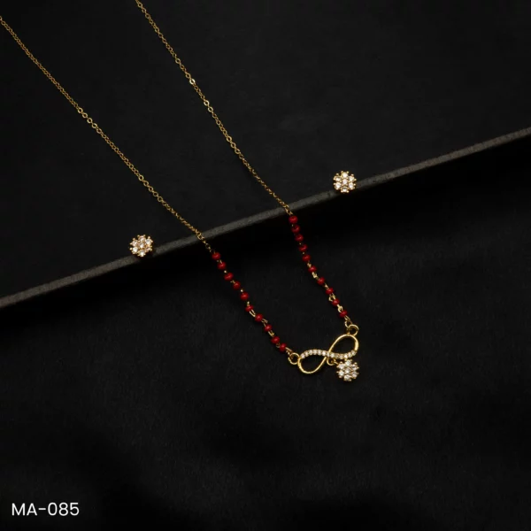 MA-085 - Stylish Infinity Red Beads Mangalsutra & Earrings with American Diamond Flower Charm