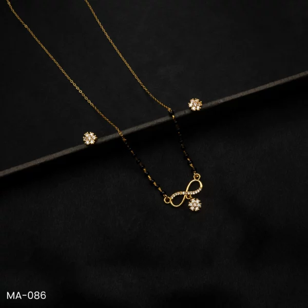 MA-086 - Stylish Infinity Black Beads Mangalsutra & Earrings with American Diamond Flower Charm