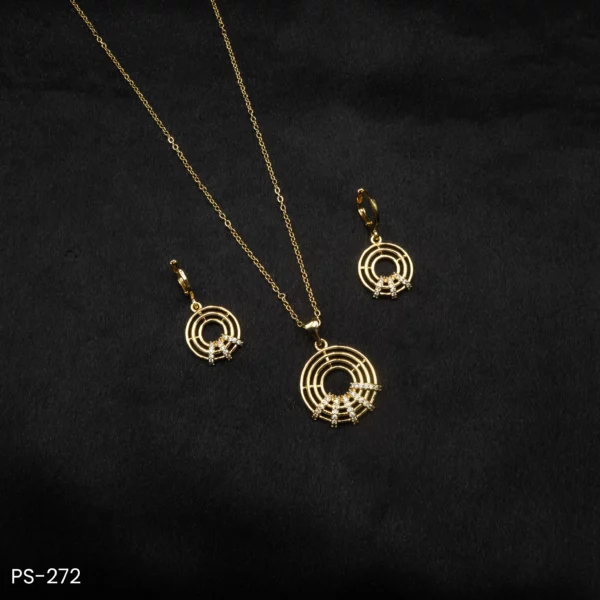 PS-272 - Modern Gold Plated Sparkle Round Grid American Diamond Pendant Set
