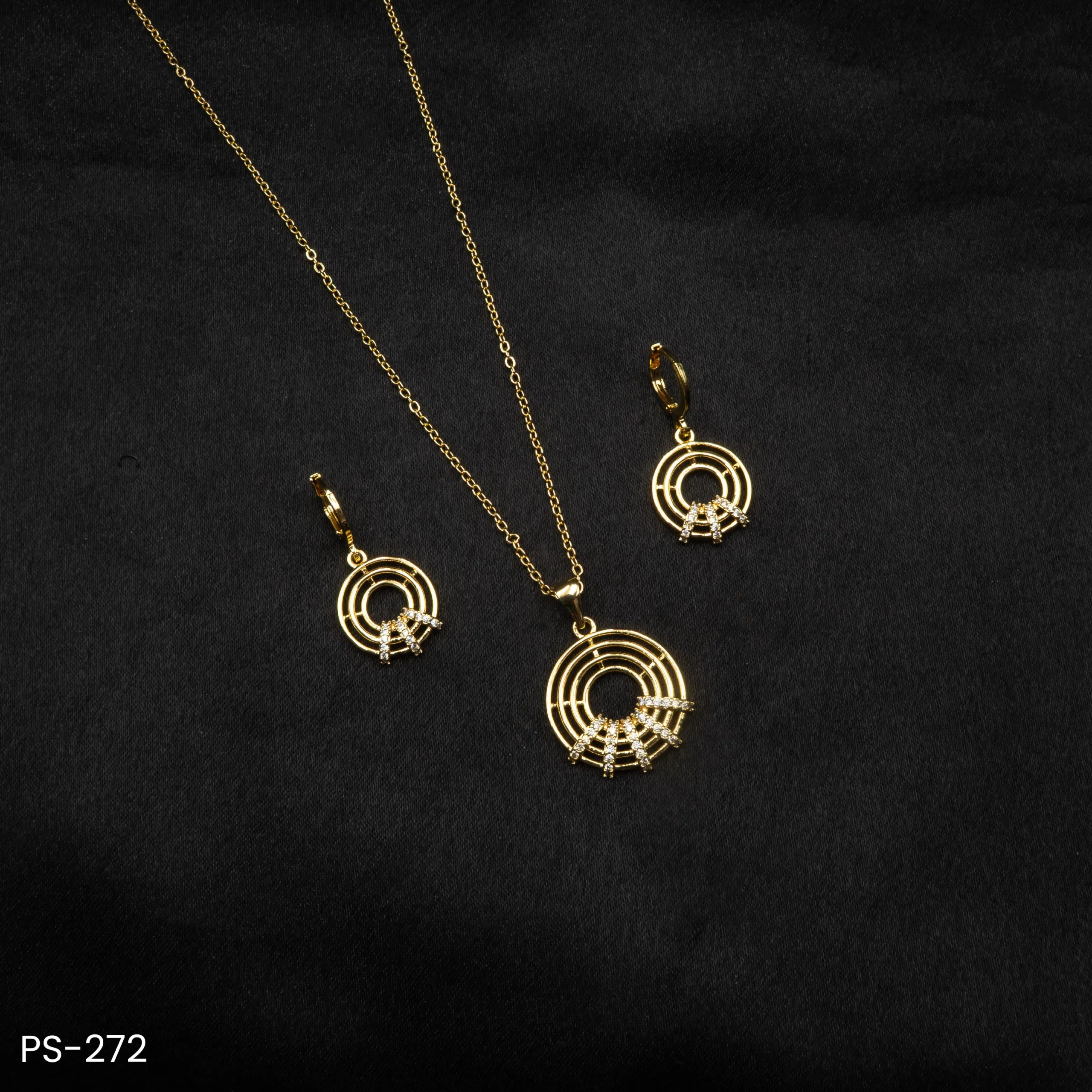 PS-272 - Modern Gold Plated Sparkle Round Grid American Diamond Pendant Set PS-272 - Modern Gold Plated Sparkle Round Grid American Diamond Pendant Set