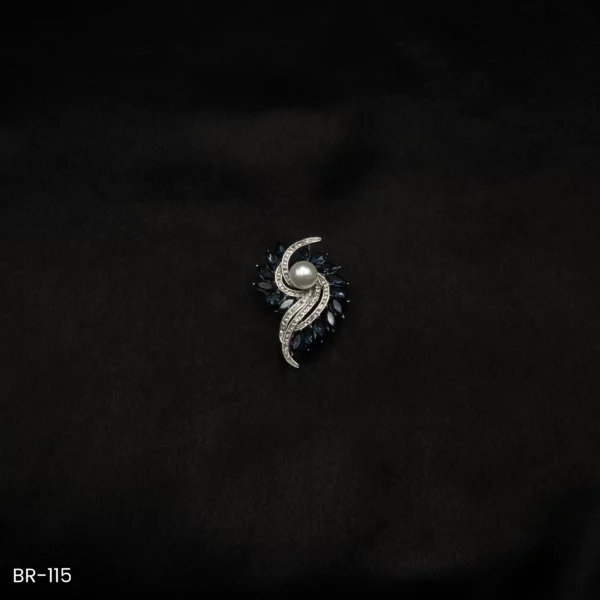 BR-115 - Celestial Glam Cosmic Pearl Fashion Brooch – Twirl of White & Blue Stones