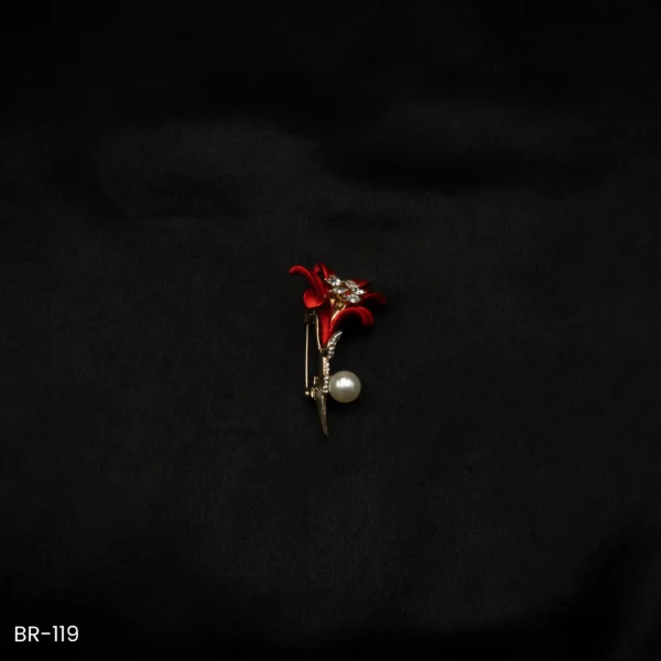 BR-119 - Red Tulip Flower Brooch with Pearl Drop for Saree & Blazer