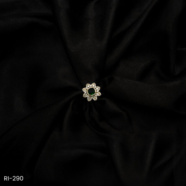 RI-290 - Elegant Blossom Gold Plated Emerald Green Lotus Flower American Diamond Adjustable Ring