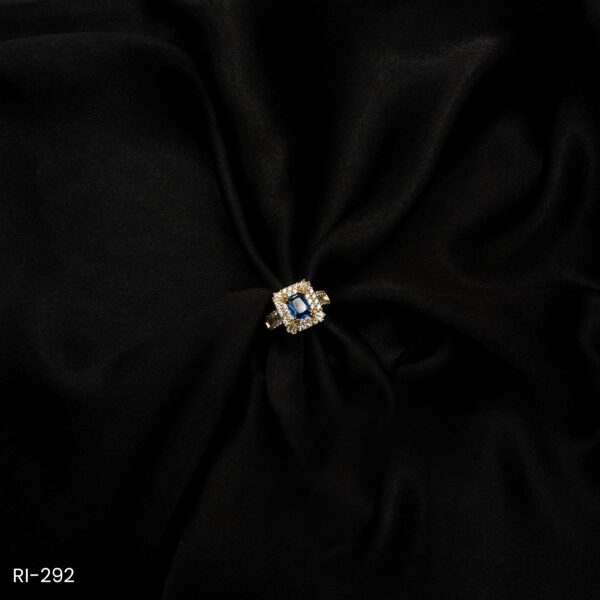 RI-292 - Bold & Beautiful Gold Plated American Diamond Royal Blue Princess Cut Adjustable Ring