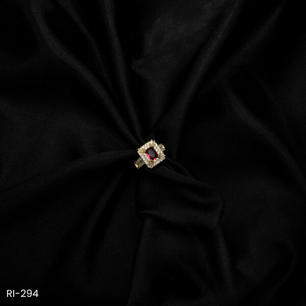 RI-294 - Bold & Beautiful Gold Plated American Diamond Ruby Red Princess Cut Adjustable Ring