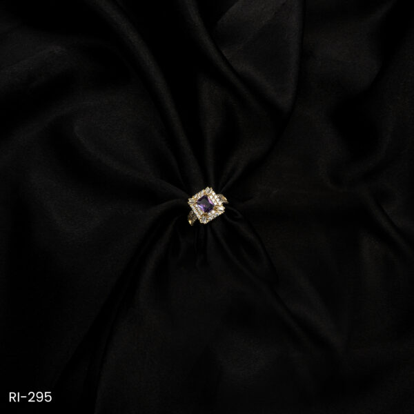 RI-295 - Bold & Beautiful Gold Plated American Diamond Purple Princess Cut Adjustable Ring