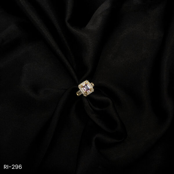RI-296 - Bold & Beautiful Gold Plated American Diamond Soft Pink Princess Cut Adjustable Ring
