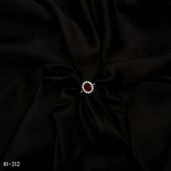 RI-312 - Gold Plated American Diamond & Ruby Red Oval Floral Adjustable Ring